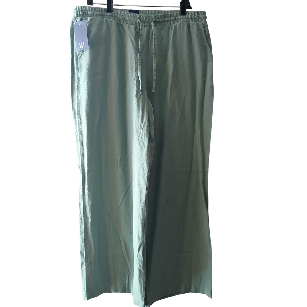 GAP Linen Pull-On Pants Sage Green Wide Leg Drawstring Trousers Large NEW - Picture 4 of 10